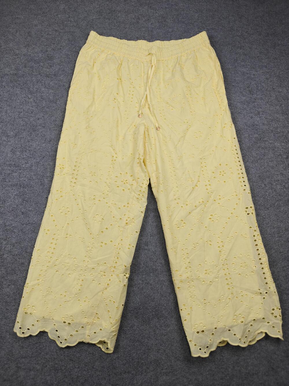 Calypso St. Barth Pants Womens XL Yellow Cropped Eyelet Wide-Leg Drawstring